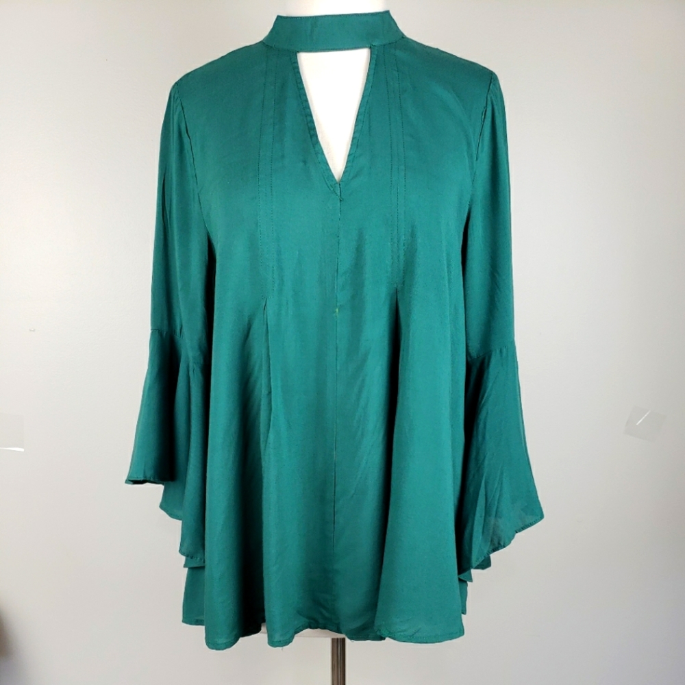 Jodifl Green Top Blouse Tunic Flowy Keyhole Small